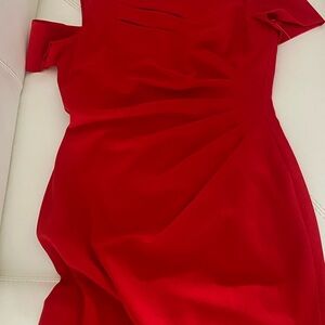 Tahari Red Asymmetrical Pleated Sheath Midi Dress